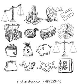 Big business set. Scales, stack of coins, sack of dollars, credit cards, handshake, purse, wallet, piggy bank, target, safe, pocket watch, chest, arrow.. Sketch style vector illustration isolated.