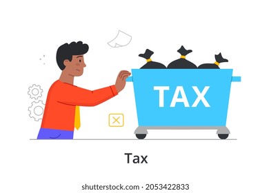 Big business taxes concept. Man pushes heavy cart with taxes. Entrepreneur pays state percentage of income. Bankruptcy. Cartoon contemporary flat vector illustration isolated on white background