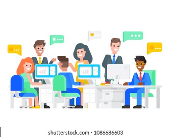 Big business team concept. Multiethnic business people and businesspeople are working at computers and communicate with icons of bookmarks and positive reviews. Vector illustration