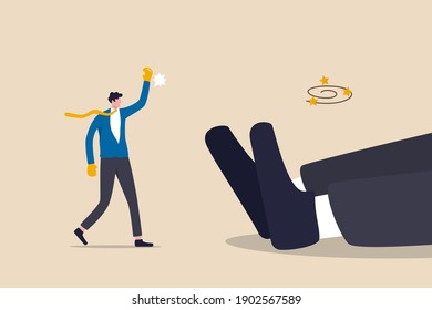 Big business winning, SME, Small and medium-sized enterprises beating giant opponent, surprise win in battle concept, confident businessman raising victory arm after defeat fallen giant opponent.