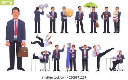 Juego de personajes de grandes empresarios. Empresario o empresario en diferentes poses y acciones. El gerente cae, lee, hace una nota y duerme. Ilustración vectorial en estilo plano