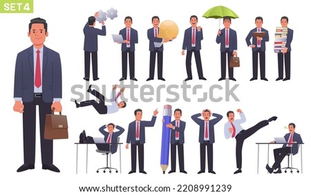 Big businessman character set. Businessman or entrepreneur in different poses and actions. Manager falls, read, makes a note and sleeps. Vector illustration in flat style