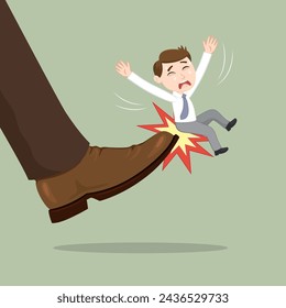 Big businessman foot kicking a small businessman. Flat, Poster, Vector, Illustration, Cartoon, EPS10. 