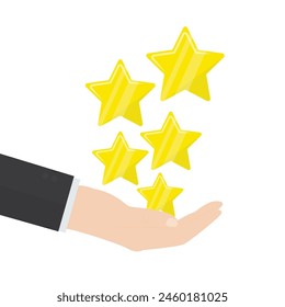 Gran hombre de negocios mano atrapar estrellas. Cinco estrellas. Aislado en el fondo. Trabajo de calidad. Revisión positiva. Encuesta en línea, sistema de calificación. Testimonios, concepto de Comentarios. Ilustración vectorial plana