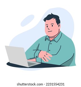 Big businessman sit on the desk in front of his laptop, employee working at the office, freelancer at home, illustration vector flat style.