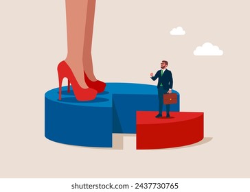 Big businesswoman and  tiny businessman in suits with briefcase standing on pie chart. Economic financial share profit. Competing. Flat vector illustration