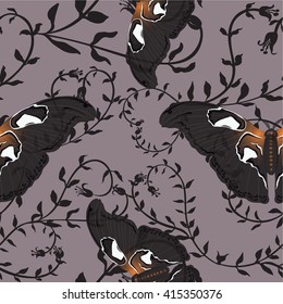 Big butterfly on the background of floral ornament - seamless vector pattern. Wallpaper.