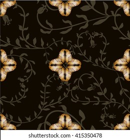 Big butterfly on the background of floral ornament - seamless vector pattern. Wallpaper.