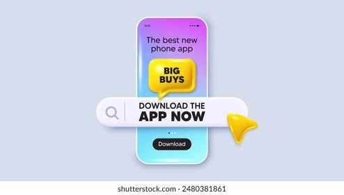 Big buys tag. Phone mockup screen. Download the app now. Special offer price sign. Advertising discounts symbol. Phone download app search bar. Big buys text message. Vector