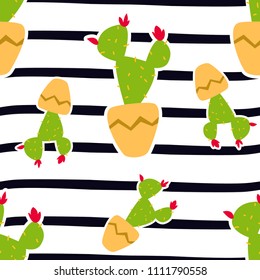 Big cactus flower in a pot seamless vector pattern