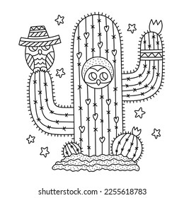 Big cactus and little owl  Desert plant   animals  Mexican sombrero  Summer nature  Funny cute coloring page for kids  Cartoon vector illustration  Isolated white  Outlined drawing  Clipart