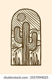 Big cactus in Saguaro National Park vintage hand drawing for t shirt badges and sticker outdoor