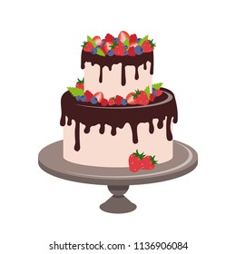 Big cake with berries, isolated illustration on white background