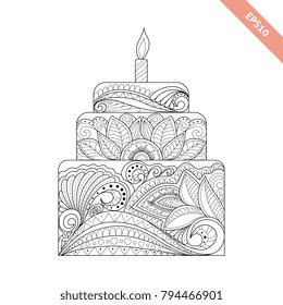 Big cake with candle with floral doodle ornament. Coloring page book. Ornate black line sweet cake