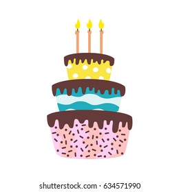 Big cake with candles on the white background. Vector illustration.