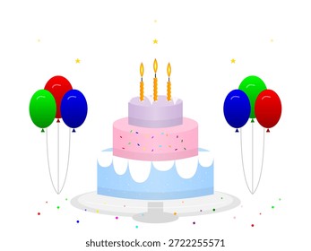 A big cake with candles sits on a table. Colorful balloons surround the cake. This scene is typical for a birthday or special event celebration.