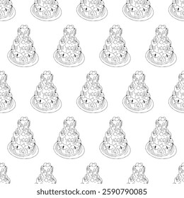 Big cake decorated with icing. Seamless pattern. Doodle style.