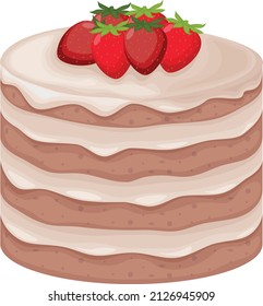 A big cake. Delicious sponge cake with whipped cream. Creamy cake decorated with strawberries. Vector illustration isolated on a white background