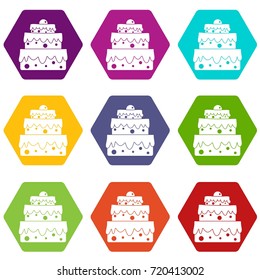 Big cake icon set many color hexahedron isolated on white vector illustration