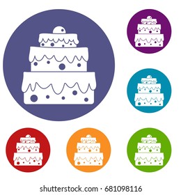 Big cake icons set in flat circle red, blue and green color for web