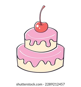 Big cake with a red sweet maraschino cherry isolated cartoon vector illustration