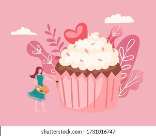 Big cake and tiny girl decorating giant cupcake cartoon vector illustration of sweet food, celebration of birthday or happy event, party or bakery. Pastry and poundcakes with cream sweet shop .