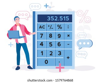 Big calculator, Mathematics, calculus of finances, taxes, audit, man count the numbers. Vector illustration for web banner, infographics, mobile.