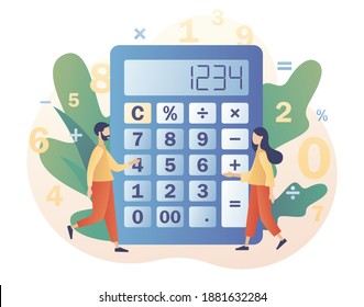 Big calculator and tiny people with calculating. Accounting, financial analytics, bookkeeping,  budget calculation, audit debit and credit calculations. Modern flat cartoon style. Vector illustration