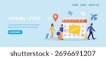 Big calendar with holidays note. Take day off to rest and relax from hard work. People with suitcases prepare for flight  Vacation planning, HR leave policy. Schedule reminder of annual leave