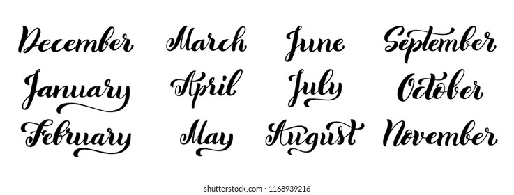 Big calligraphic set of months of the year. December, January, February, March, April, May, June, July, August, September, October, November handdrawn lettering for calendars. Vector illustration.