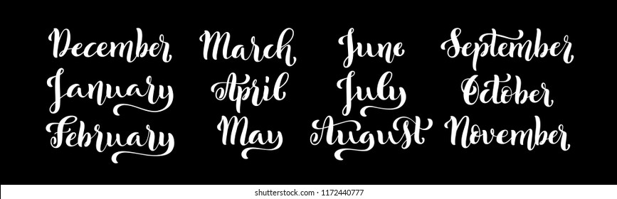 Big calligraphic set of months of the year. December, January, February, March, April, May, June, July, August, September, October, November handdrawn lettering for calendars. Vector illustration.