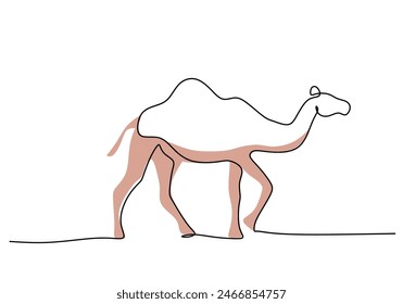 Big camel on the desert in one single continuous line drawing style isolated on white background. Ramadan kareem concept vector illustration.
