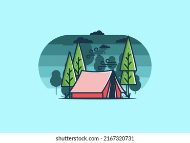 Big camping tent and pine trees illustration design