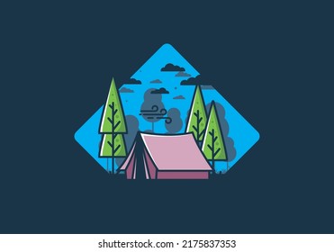 Big camping tent and pine trees illustration design