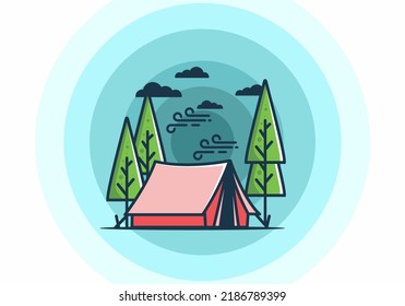 Gran carpa de acampada y diseño de ilustraciones de pinos