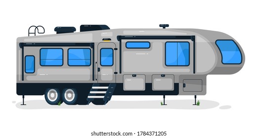 Big camping trailer. Isolated camper vehicle mobile home transport with door and windows. Vector RV car for travel recreation and vacation transportation