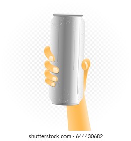 Big can of drink template hold up in hand isolated on white transparent background. Metal bottle show concept with water condensate