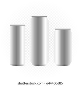 Big can of drink template set collection on white transparent background. Metal bottle show concept
