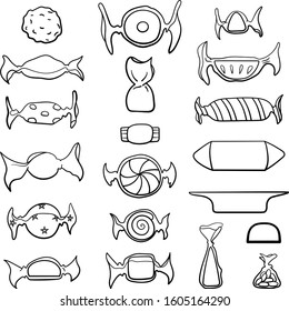 Big candies set in black lines. White background, vector.