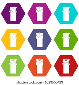 Big candle icon set many color hexahedron isolated on white vector illustration