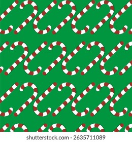Big candy cane. Christmas treat vector. Red white stripe. Green festive background.