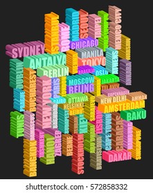 Big and capital cities of the world, typographic 3d illustration.