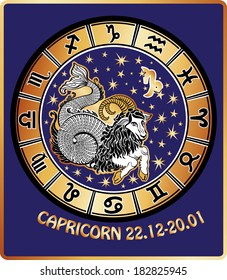 Big Capricorn and symbols of all zodiac signs in Horoscope circle.Golden and white figure on blue background.Graphic Vector Illustration in retro style.