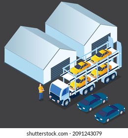 Big Car Carrier Truck Delivering Cars From Manufacture To Dealership Isometric 3d Vector Concept For Banner, Website, Illustration, Landing Page, Flyer, Etc.