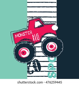 Big Car Cartoon, T-shirt Graphics For Boys Vector Illustration