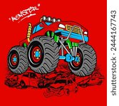 big car monster truck crashes into small car, vector illustration