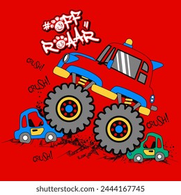 big car monster truck crashes into small car, vector illustration