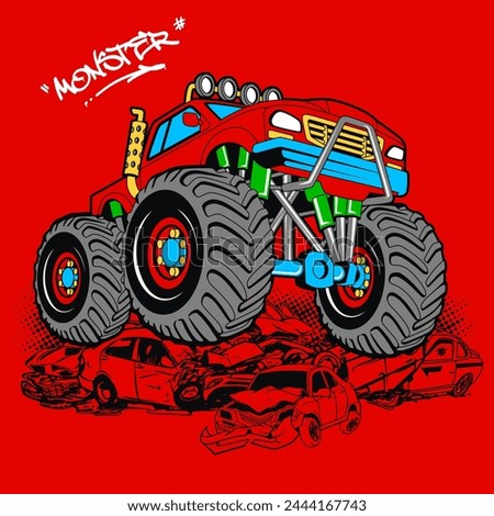 big car monster truck crashes into small car, vector illustration