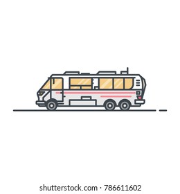 Big caravan or camper motorhome. Six wheels, big windows car. Family road trip concept. Traveling on vehicle on the road. Line style trendy retro illustration. Camping on wheels.