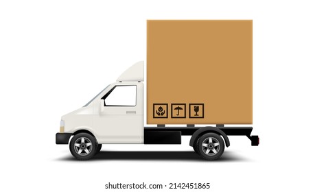 Big Cardboard Box Package On White Truck Side View. EPS10 Vector